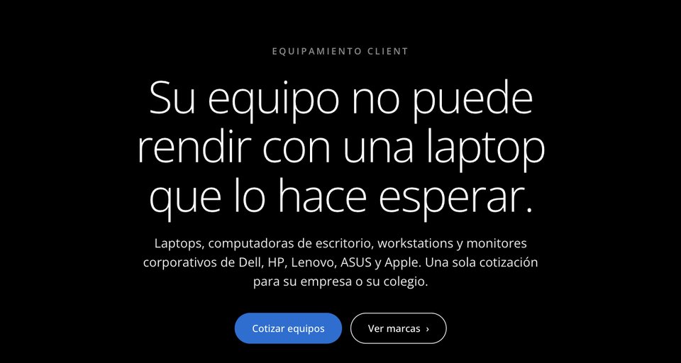 Portada de una página de equipamiento corporativo, con el titular y los botones para cotizar equipos